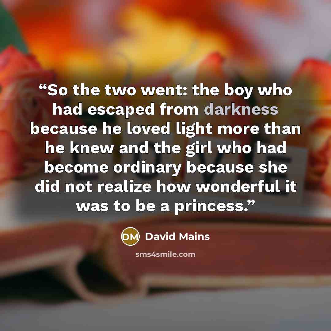 “So the two went: the boy who had escaped from darkness because he loved light more than he knew and the girl who had become ordinary because she did not realize how wonderful it was to be a princess.” quote by David Mains