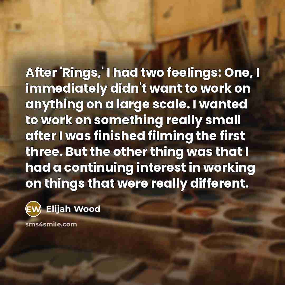 “After 'Rings,' I had two feelings: One, I immediately didn't want to work on anything on a large scale. I wanted to work on something really small after I was finished filming the first three. But the other thing was that I had a continuing interest in working on things that were really different.” quote by Elijah Wood