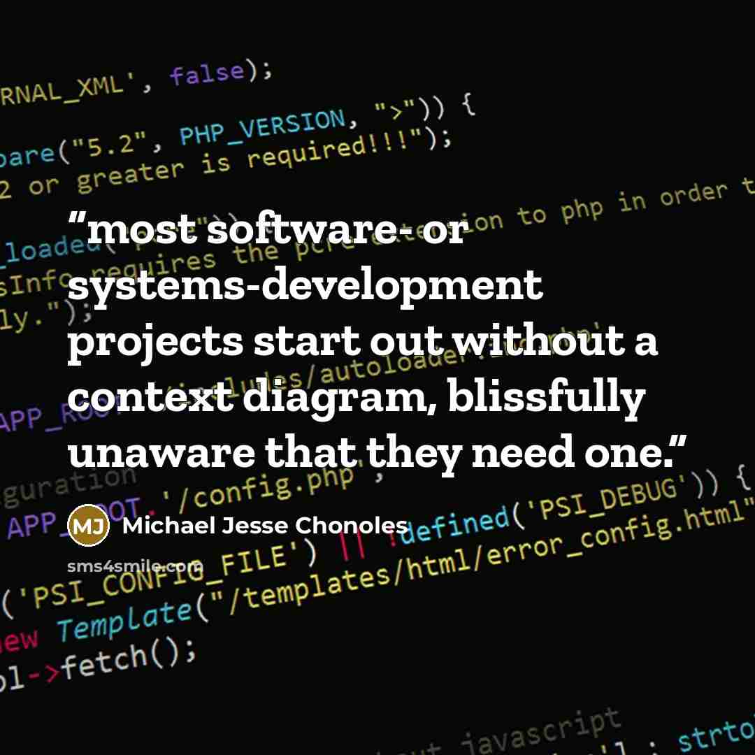 “most software- or systems-development projects start out without a context diagram, blissfully unaware that they need one.” quote by Michael Jesse Chonoles