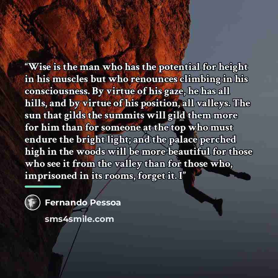 “Wise is the man who has the potential for height in his muscles but who renounces climbing in his consciousness. By virtue of his gaze, he has all hills, and by virtue of his position, all valleys. The sun that gilds the summits will gild them more for him than for someone at the top who must…” quote by Fernando Pessoa
