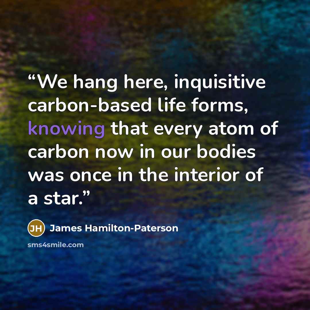 “We hang here, inquisitive carbon-based life forms, knowing that every atom of carbon now in our bodies was once in the interior of a star.” quote by James Hamilton-Paterson