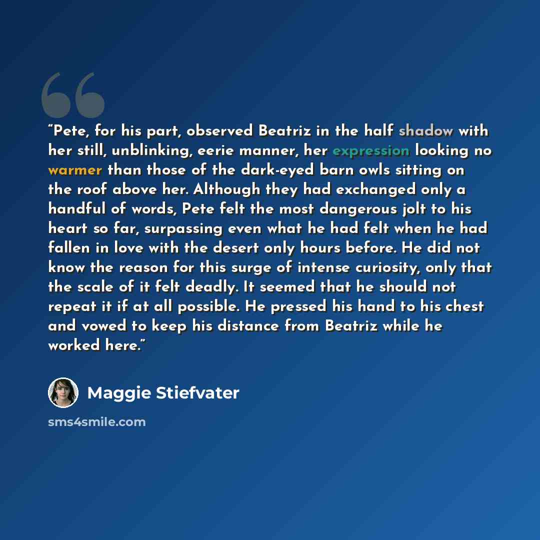 “Pete, for his part, observed Beatriz in the half shadow with her still, unblinking, eerie manner, her expression looking no warmer than those of the dark-eyed barn owls sitting on the roof above her. Although they had exchanged only a handful of words, Pete felt the most dangerous jolt to his…” quote by Maggie Stiefvater
