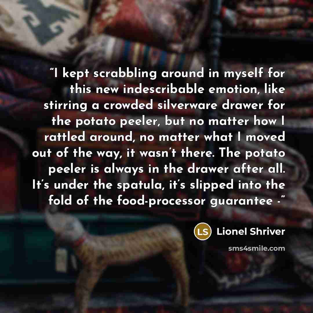 “I kept scrabbling around in myself for this new indescribable emotion, like stirring a crowded silverware drawer for the potato peeler, but no matter how I rattled around, no matter what I moved out of the way, it wasn’t there. The potato peeler is always in the drawer after all. It’s under the…” quote by Lionel Shriver