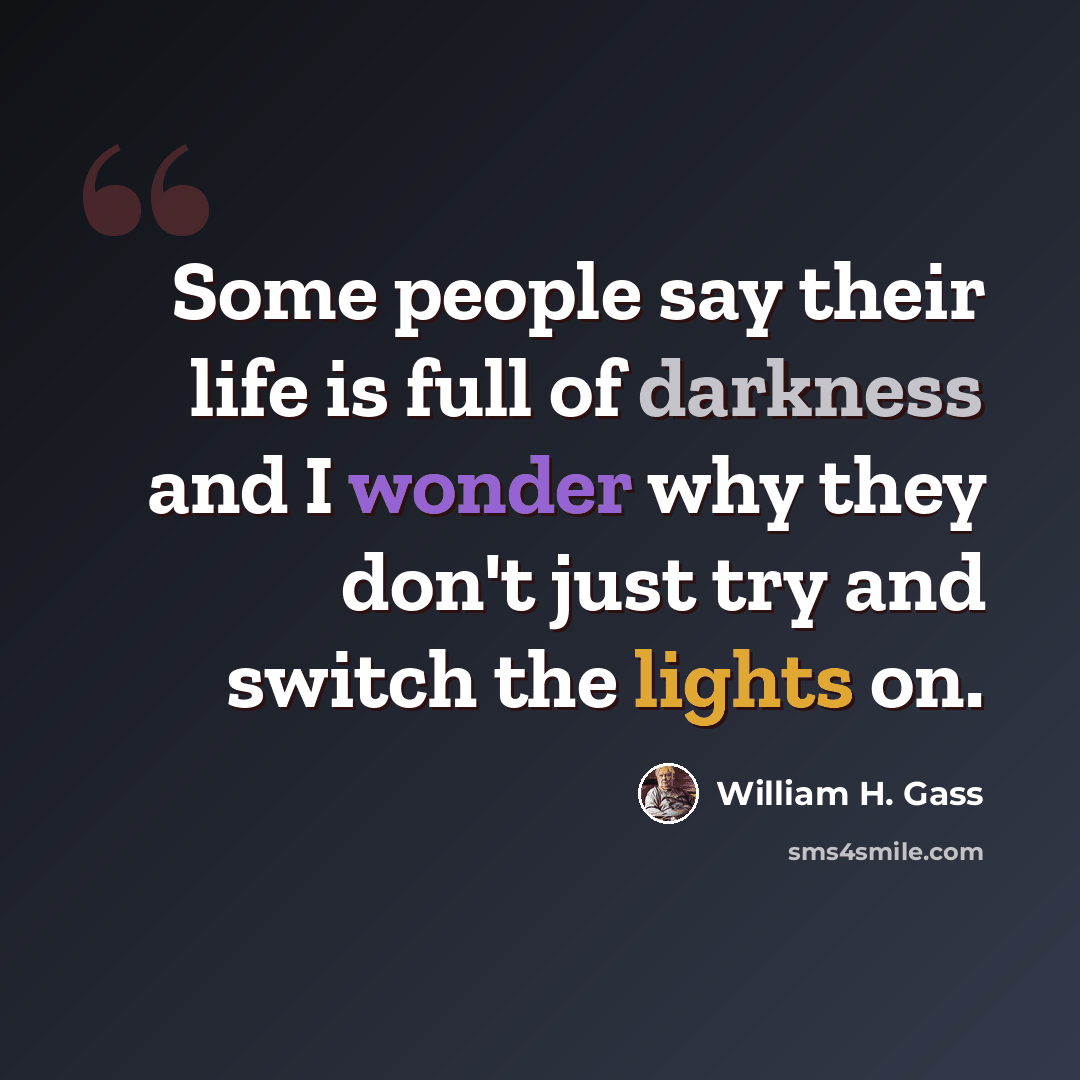 “Some people say their life is full of darkness and I wonder why they don't just try and switch the lights on.” quote by William H. Gass