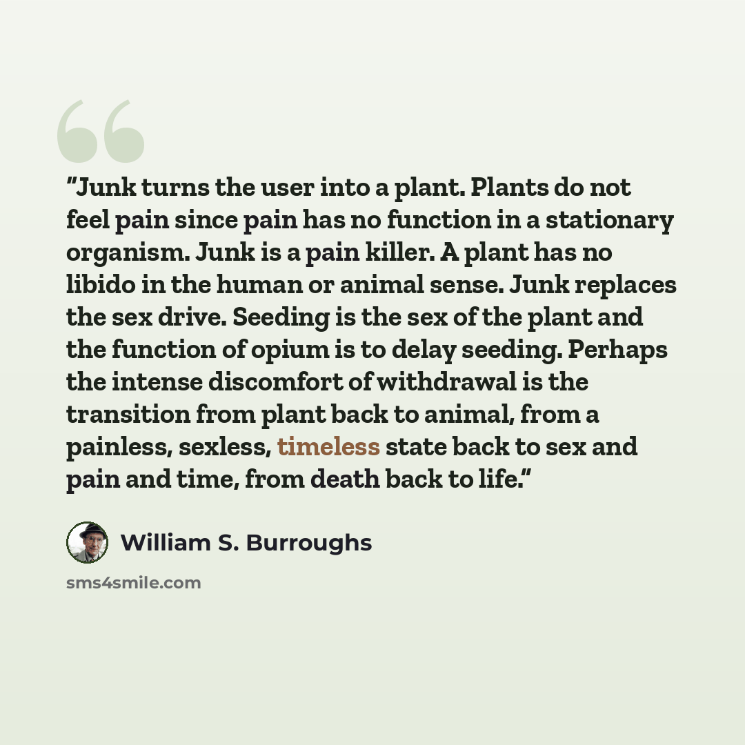 “Junk turns the user into a plant. Plants do not feel pain since pain has no function in a stationary organism. Junk is a pain killer. A plant has no libido in the human or animal sense. Junk replaces the sex drive. Seeding is the sex of the plant and the function of opium is to delay seeding…” quote by William S. Burroughs
