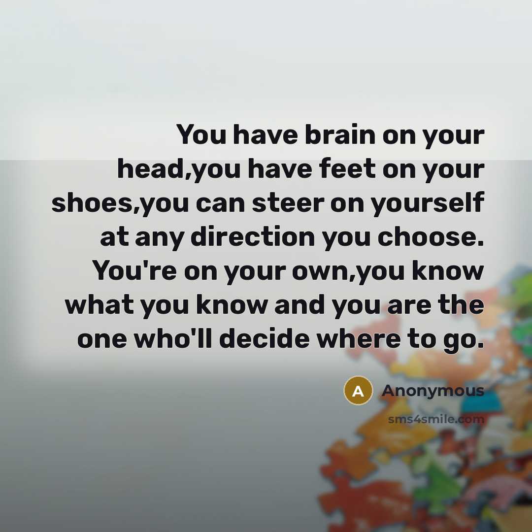 “You have brain on your head,you have feet on your shoes,you can steer on yourself at any direction you choose. You're on your own,you know what you know and you are the one who'll decide where to go.” quote by Anonymous