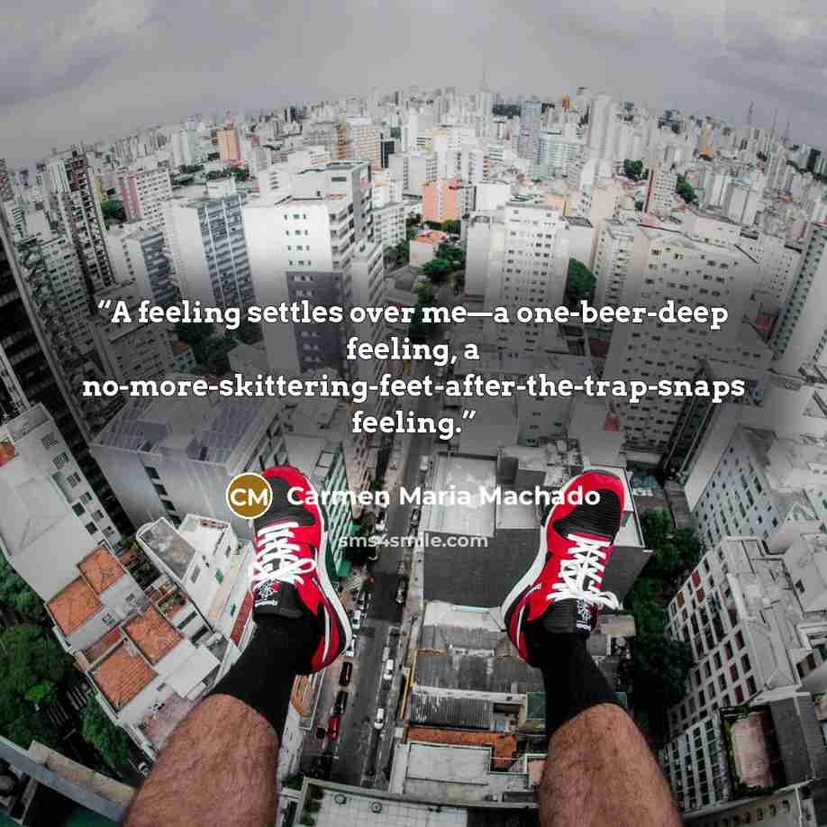 “A feeling settles over me—a one-beer-deep feeling, a no-more-skittering-feet-after-the-trap-snaps feeling.” quote by Carmen Maria Machado