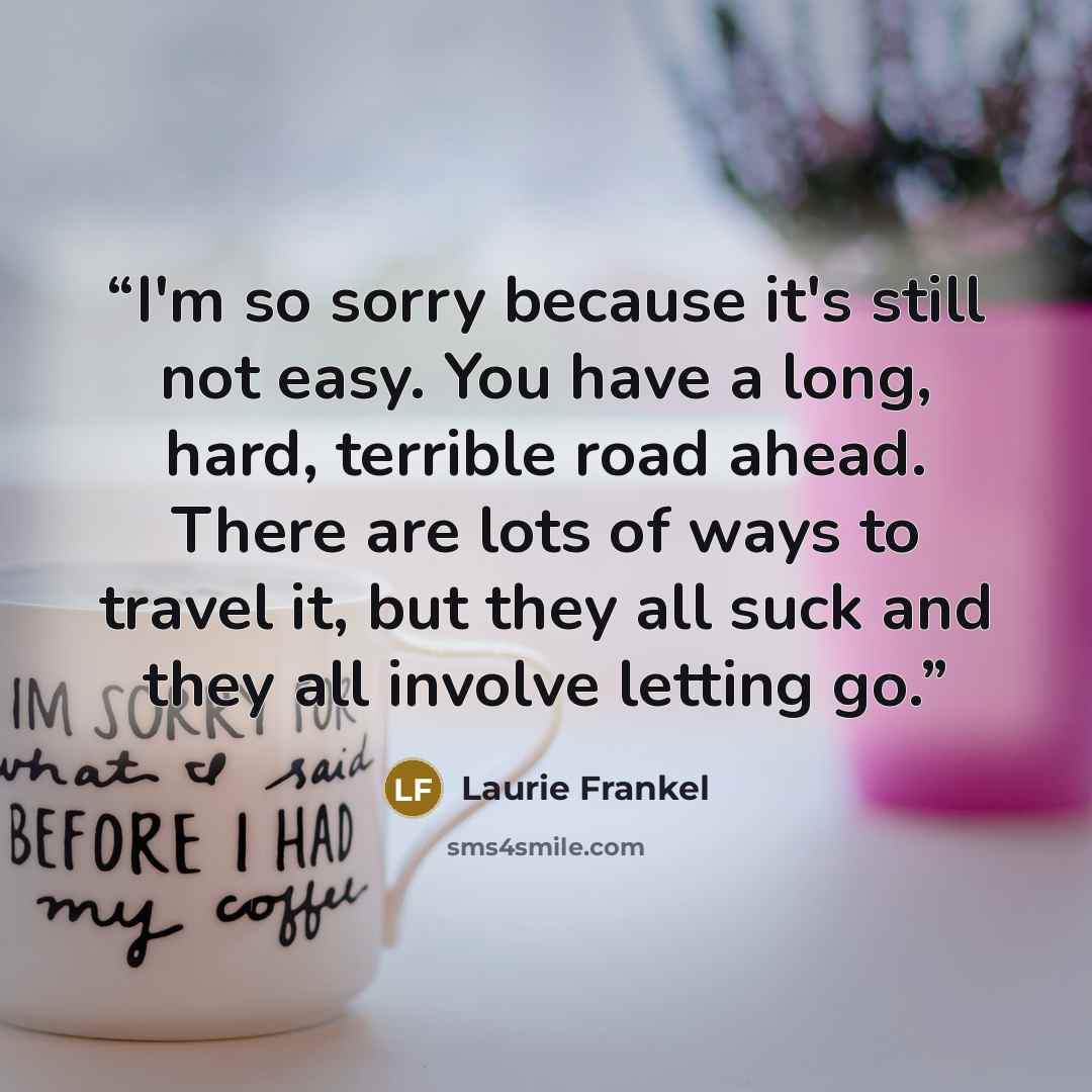 “I'm so sorry because it's still not easy. You have a long, hard, terrible road ahead. There are lots of ways to travel it, but they all suck and they all involve letting go.” quote by Laurie Frankel
