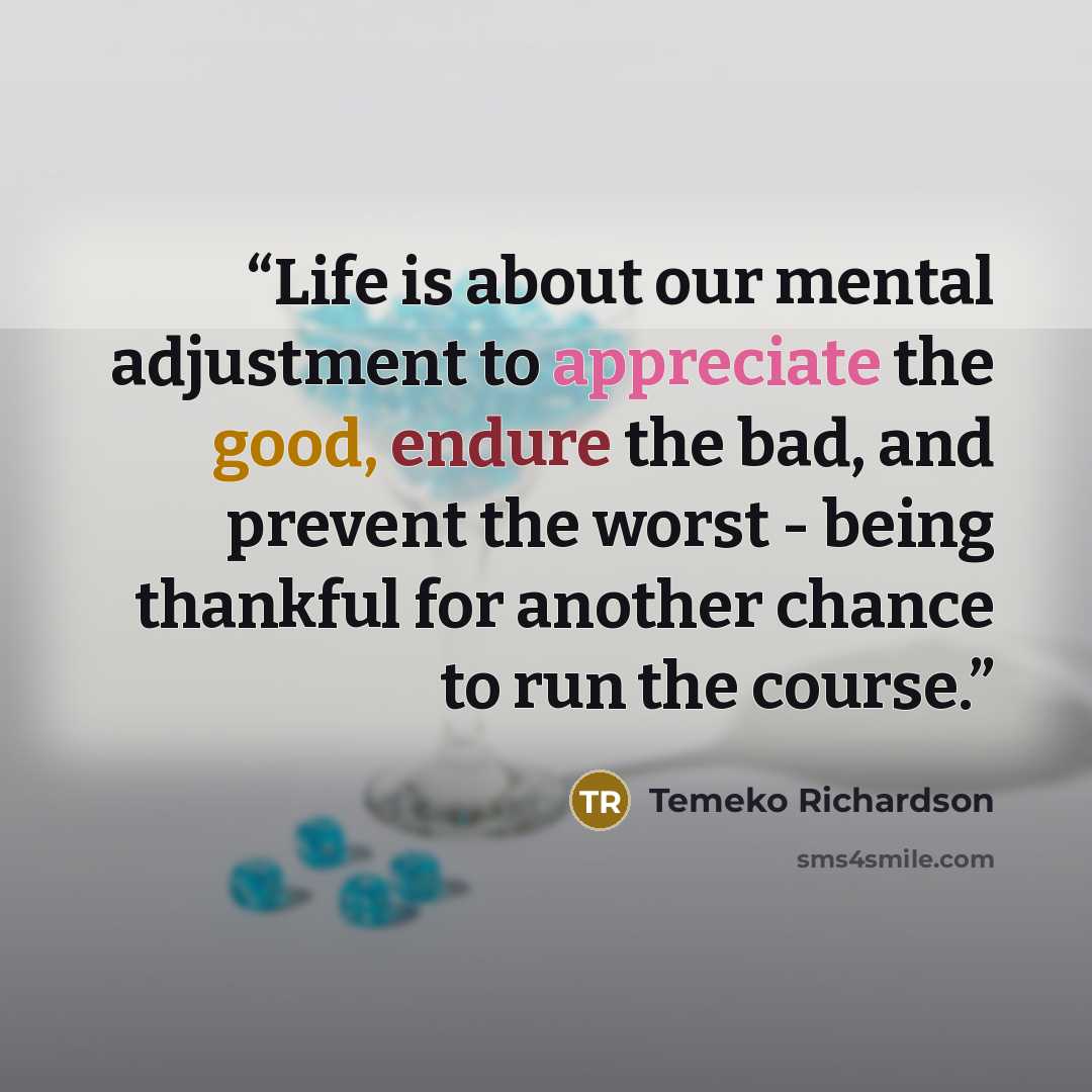 “Life is about our mental adjustment to appreciate the good, endure the bad, and prevent the worst - being thankful for another chance to run the course.” quote by Temeko Richardson