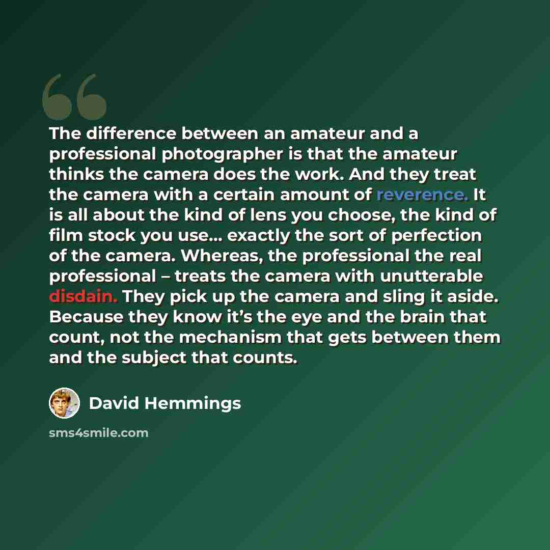 “The difference between an amateur and a professional photographer is that the amateur thinks the camera does the work. And they treat the camera with a certain amount of reverence. It is all about the kind of lens you choose, the kind of film stock you use… exactly the sort of perfection of the…” quote by David Hemmings