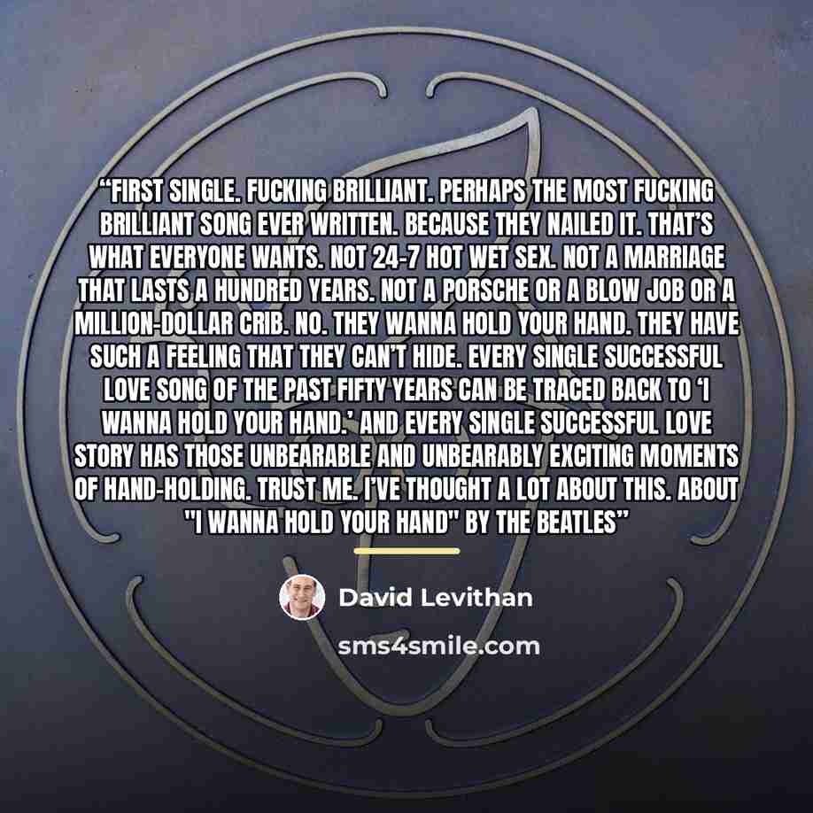 “First single. Fucking brilliant. Perhaps the most fucking brilliant song ever written. Because they nailed it. That’s what everyone wants. Not 24-7 hot wet sex. Not a marriage that lasts a hundred years. Not a Porsche or a blow job or a million-dollar crib. No. They wanna hold your hand. They have…” quote by David Levithan