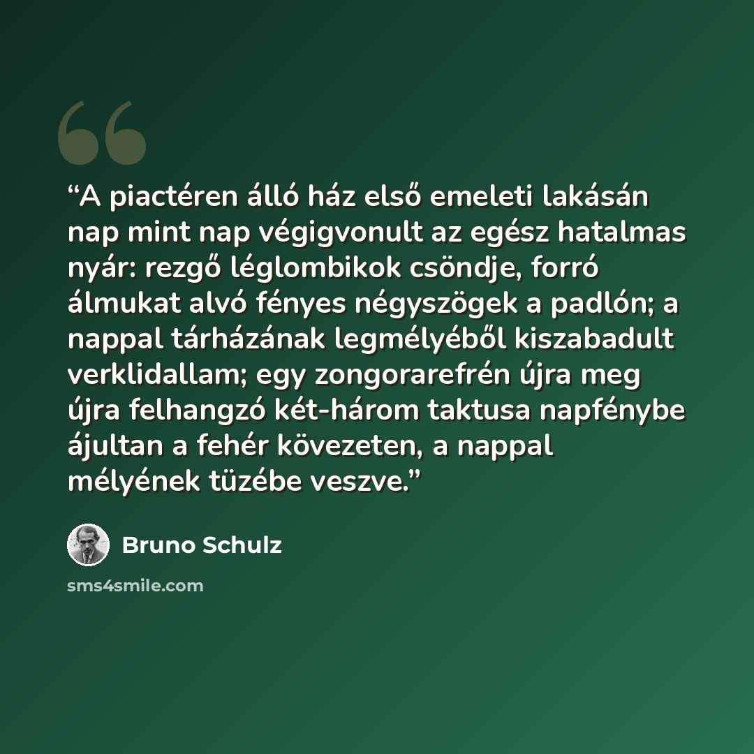 “A piactéren álló ház első emeleti lakásán nap mint nap végigvonult az egész hatalmas nyár: rezgő léglombikok csöndje, forró álmukat alvó fényes négyszögek a padlón; a nappal tárházának legmélyéből kiszabadult verklidallam; egy zongorarefrén újra meg újra felhangzó két-három taktusa napfénybe…” quote by Bruno Schulz