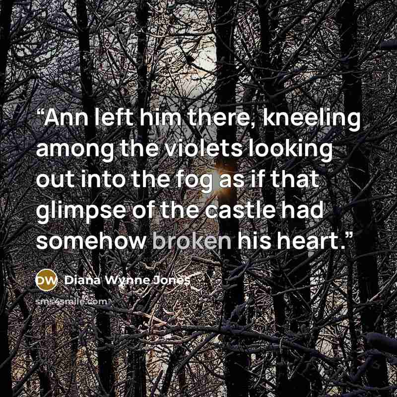 “Ann left him there, kneeling among the violets looking out into the fog as if that glimpse of the castle had somehow broken his heart.” quote by Diana Wynne Jones