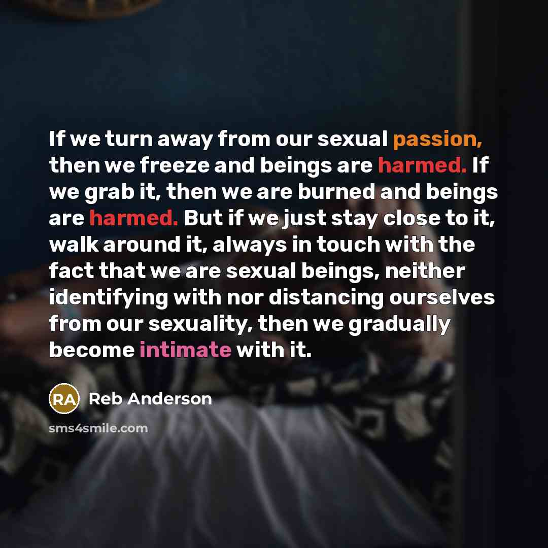 “If we turn away from our sexual passion, then we freeze and beings are harmed. If we grab it, then we are burned and beings are harmed. But if we just stay close to it, walk around it, always in touch with the fact that we are sexual beings, neither identifying with nor distancing ourselves from…” quote by Reb Anderson