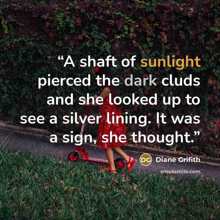 “A shaft of sunlight pierced the dark cluds and she looked up to see a silver lining. It was a sign, she thought.” quote by Diane Grifith