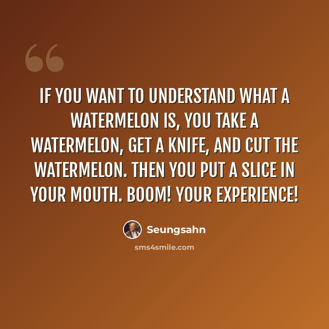 “If you want to understand what a watermelon is, you take a watermelon, get a knife, and cut the watermelon. Then you put a slice in your mouth. Boom! YOUR experience!” quote by Seungsahn