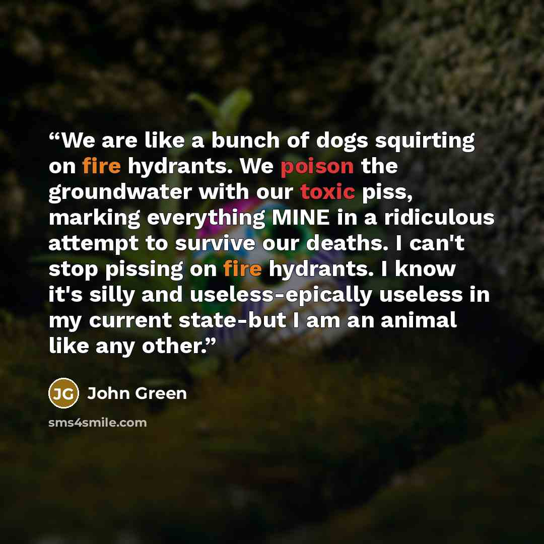 “We are like a bunch of dogs squirting on fire hydrants. We poison the groundwater with our toxic piss, marking everything MINE in a ridiculous attempt to survive our deaths. I can't stop pissing on fire hydrants. I know it's silly and useless-epically useless in my current state-but I am an animal…” quote by John Green