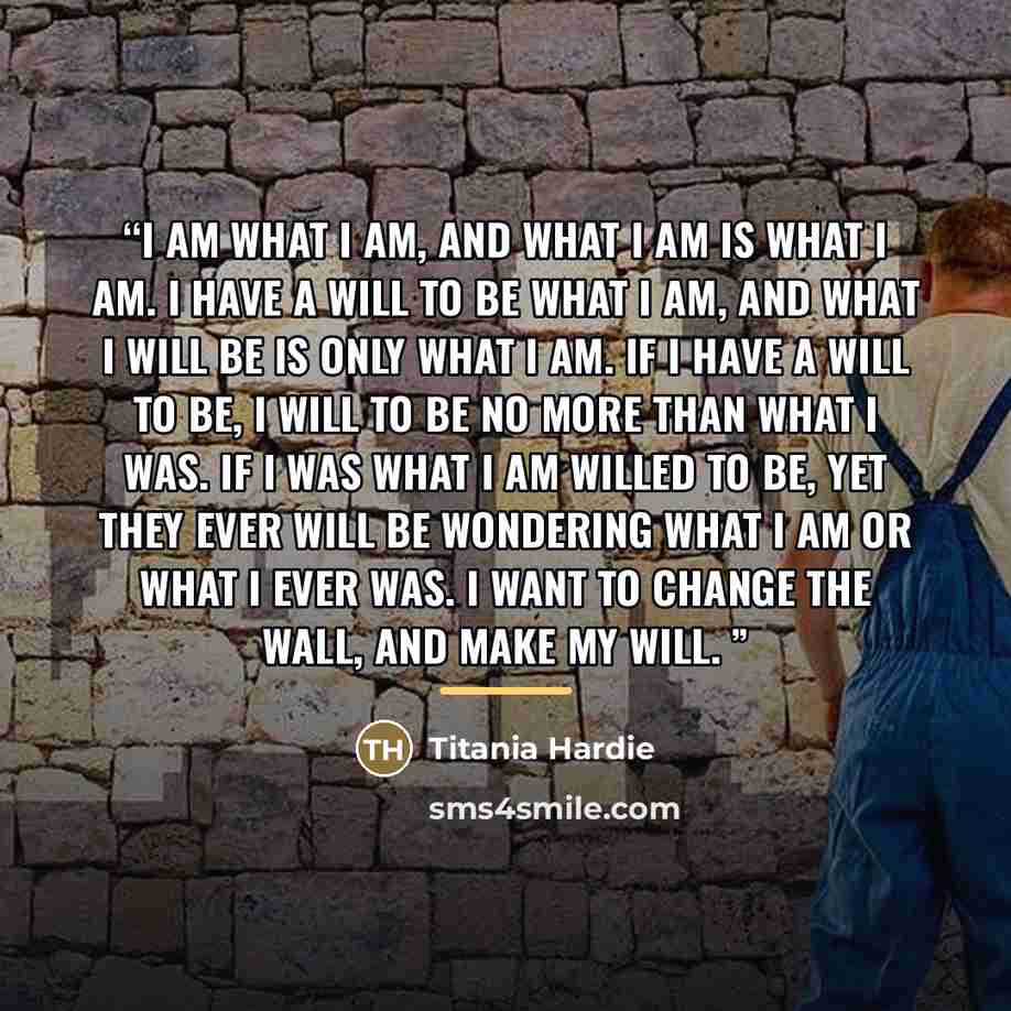 “I am what I am, and what I am is what I am. I have a will to be what I am, and what I will be is only what I am. If I have a will to be, I will to be no more than what I was. If I was what I am willed to be, yet they ever will be wondering what I am or what I ever was. I want to change the Wall…” quote by Titania Hardie