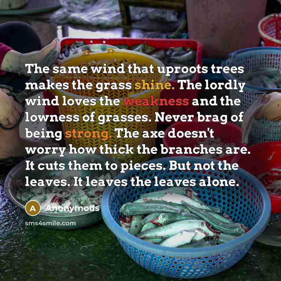 “The same wind that uproots trees makes the grass shine. The lordly wind loves the weakness and the lowness of grasses. Never brag of being strong. The axe doesn't worry how thick the branches are. It cuts them to pieces. But not the leaves. It leaves the leaves alone.” quote by Anonymous