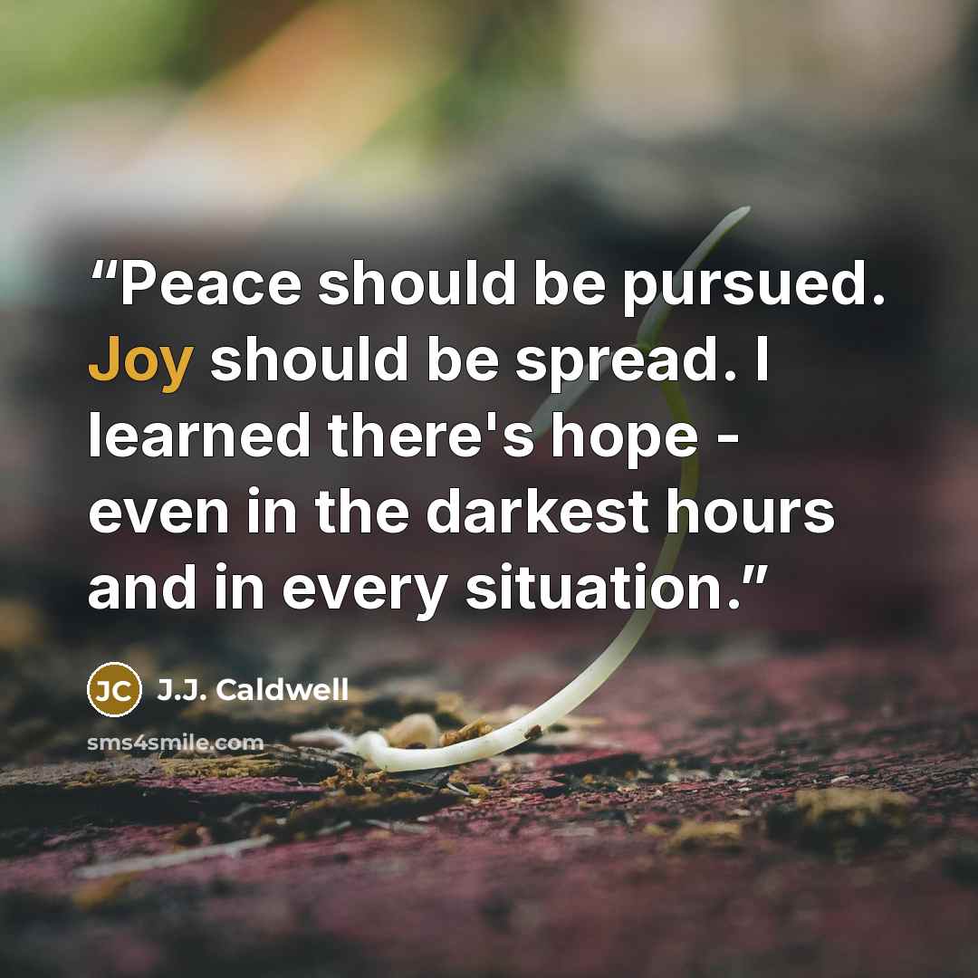 “Peace should be pursued. Joy should be spread. I learned there's hope - even in the darkest hours and in every situation.” quote by J.J. Caldwell