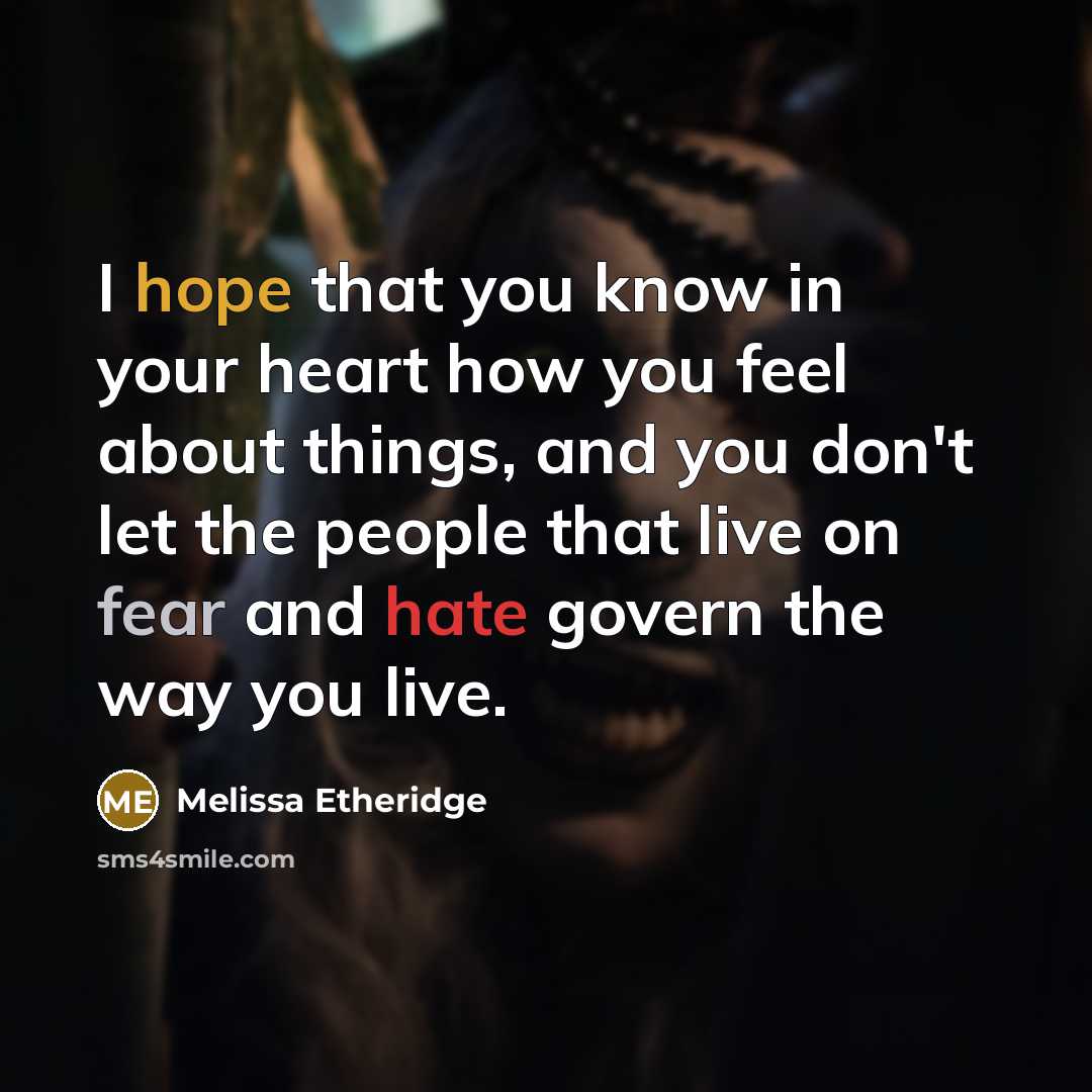 “I hope that you know in your heart how you feel about things, and you don't let the people that live on fear and hate govern the way you live.” quote by Melissa Etheridge