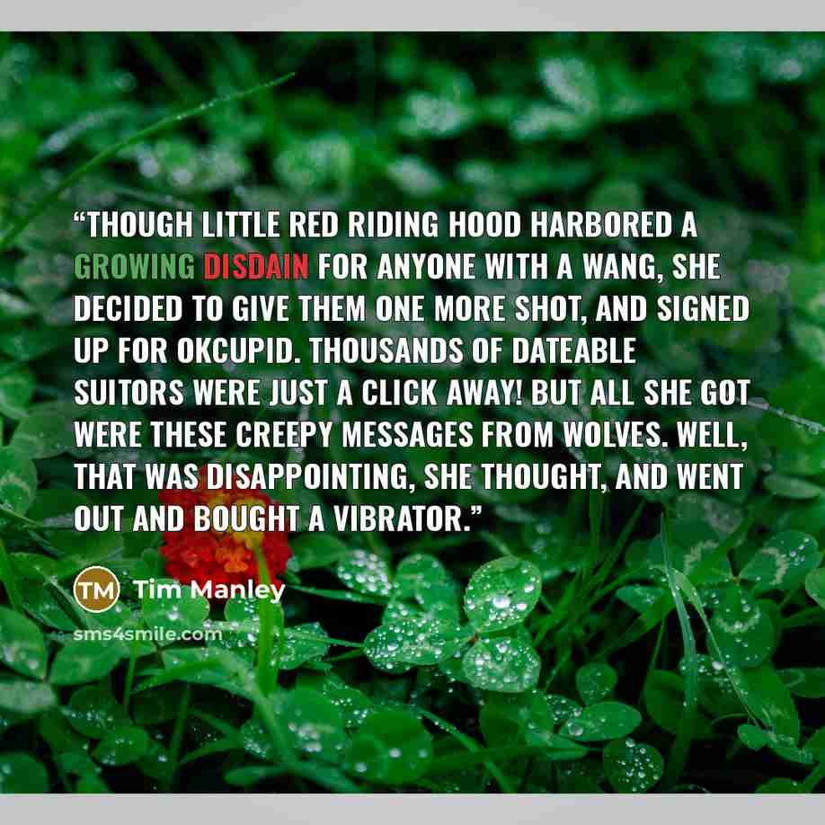 “Though Little Red Riding Hood harbored a growing disdain for anyone with a wang, she decided to give them one more shot, and signed up for OkCupid. Thousands of dateable suitors were just a click away! But all she got were these creepy messages from wolves. Well, that was disappointing, she…” quote by Tim Manley