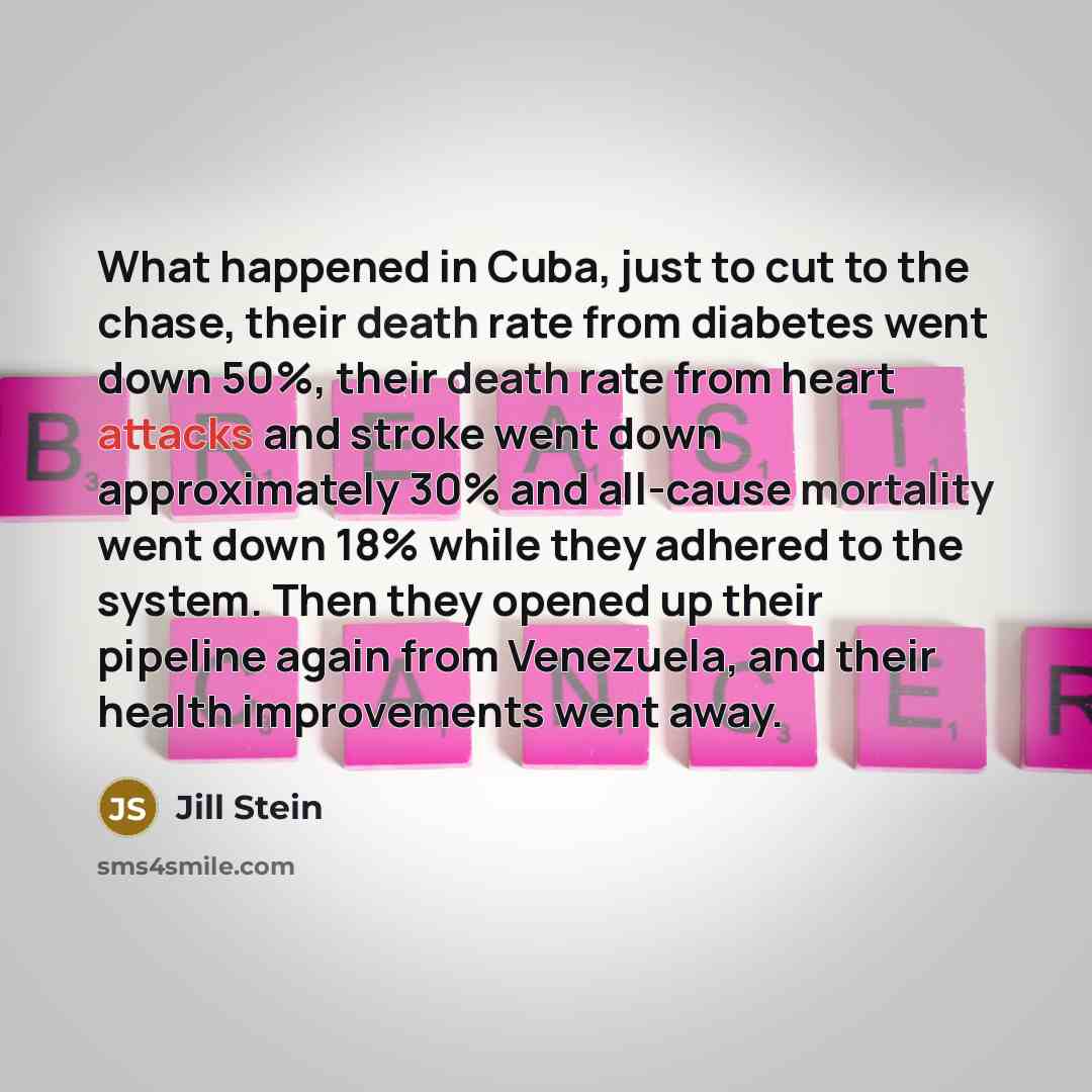 “What happened in Cuba, just to cut to the chase, their death rate from diabetes went down 50%, their death rate from heart attacks and stroke went down approximately 30% and all-cause mortality went down 18% while they adhered to the system. Then they opened up their pipeline again from Venezuela…” quote by Jill Stein