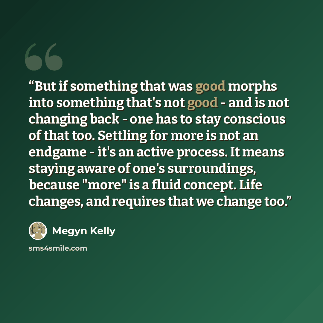 “But if something that was good morphs into something that's not good - and is not changing back - one has to stay conscious of that too. Settling for more is not an endgame - it's an active process. It means staying aware of one's surroundings, because "more" is a fluid concept. Life changes, and…” quote by Megyn Kelly