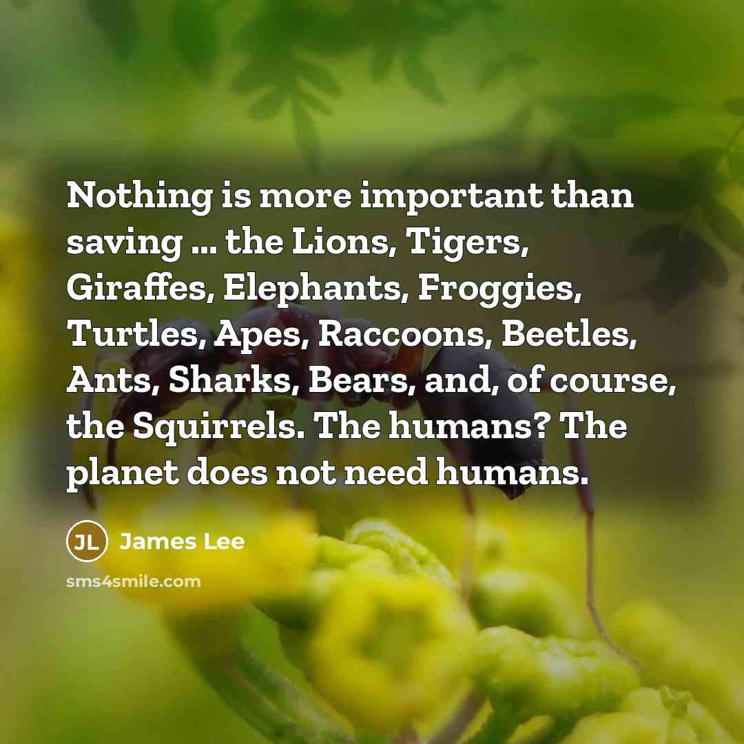 “Nothing is more important than saving ... the Lions, Tigers, Giraffes, Elephants, Froggies, Turtles, Apes, Raccoons, Beetles, Ants, Sharks, Bears, and, of course, the Squirrels. The humans? The planet does not need humans.” quote by James Lee
