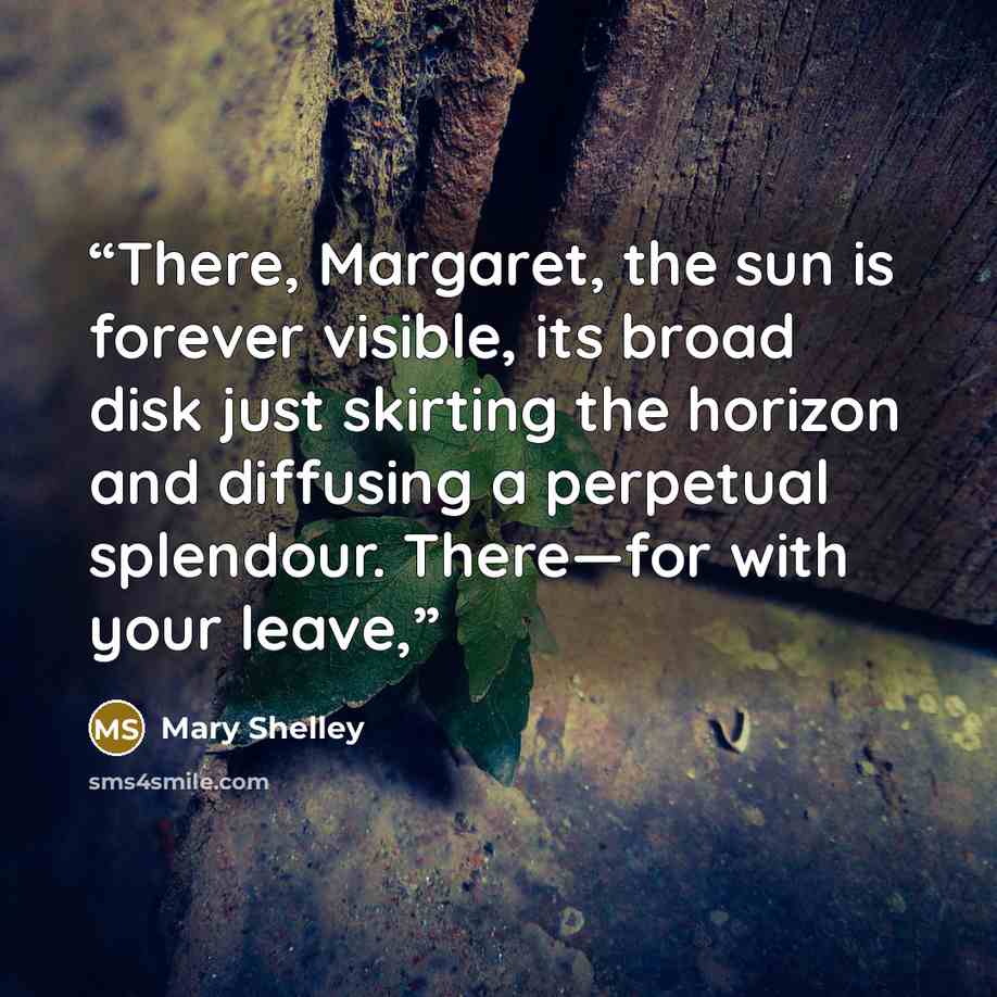 “There, Margaret, the sun is forever visible, its broad disk just skirting the horizon and diffusing a perpetual splendour. There—for with your leave,” quote by Mary Shelley