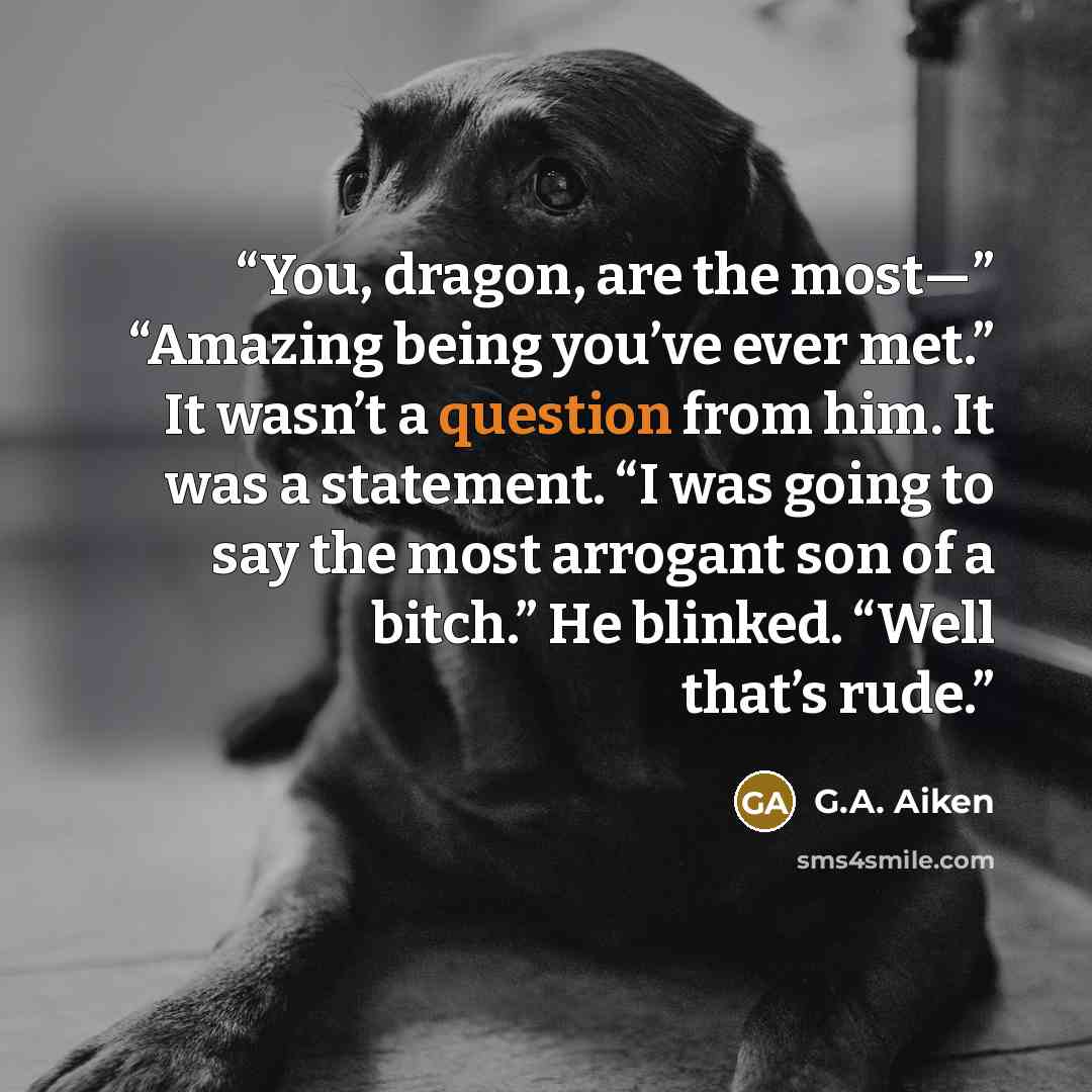“You, dragon, are the most—” “Amazing being you’ve ever met.” It wasn’t a question from him. It was a statement. “I was going to say the most arrogant son of a bitch.” He blinked. “Well that’s rude.” quote by G.A. Aiken