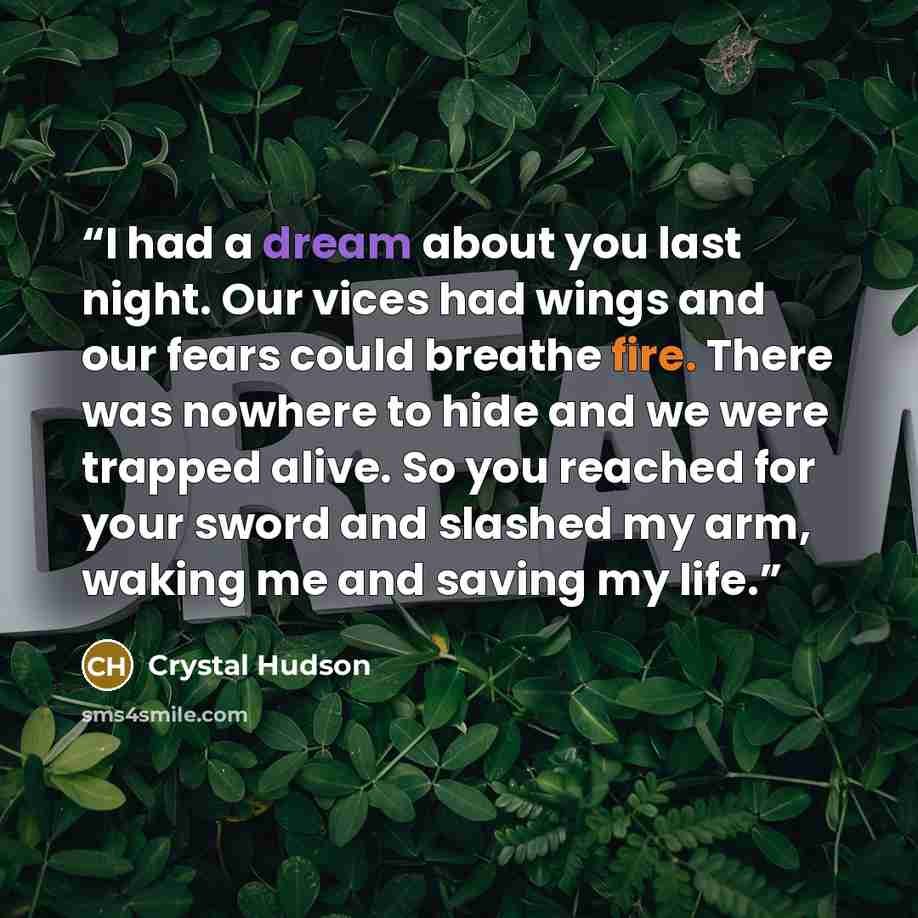 “I had a dream about you last night. Our vices had wings and our fears could breathe fire. There was nowhere to hide and we were trapped alive. So you reached for your sword and slashed my arm, waking me and saving my life.” quote by Crystal Hudson