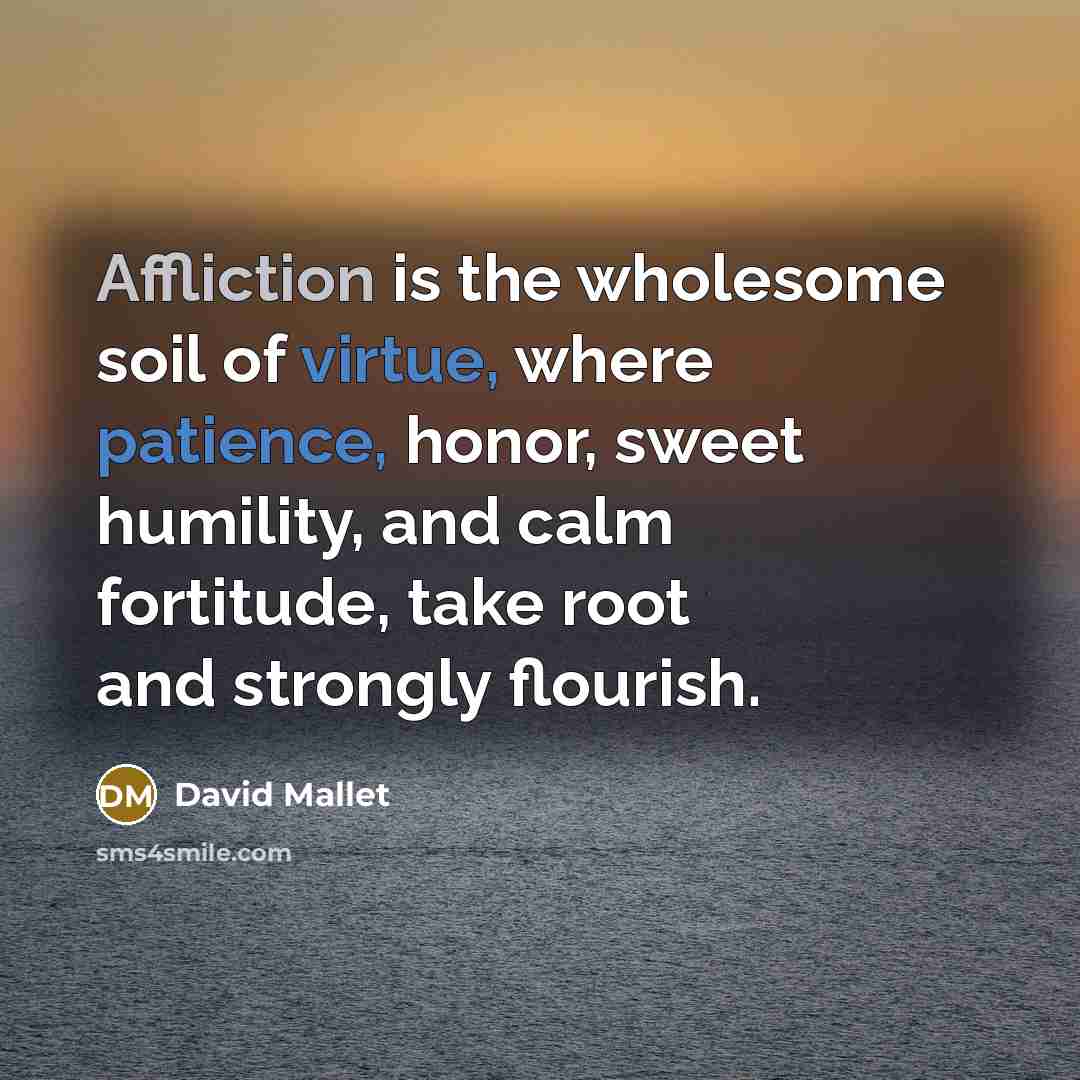 “Affliction is the wholesome soil of virtue, where patience, honor, sweet humility, and calm fortitude, take root and strongly flourish.” quote by David Mallet