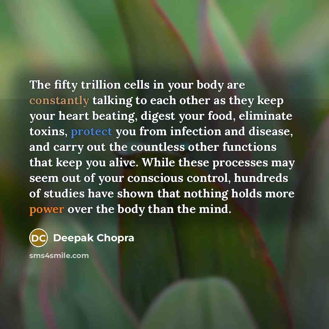 “The fifty trillion cells in your body are constantly talking to each other as they keep your heart beating, digest your food, eliminate toxins, protect you from infection and disease, and carry out the countless other functions that keep you alive. While these processes may seem out of your…” quote by Deepak Chopra