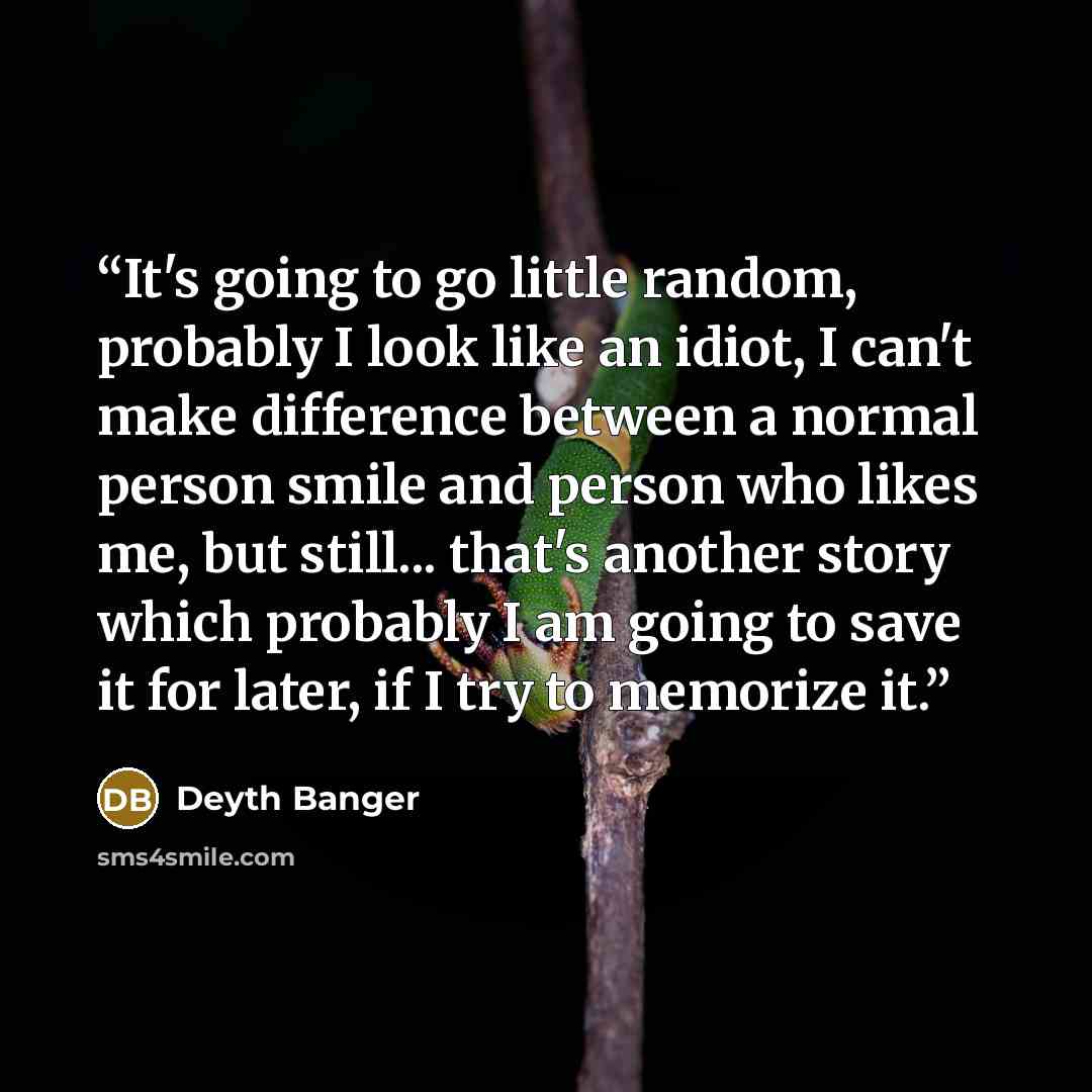 “It's going to go little random, probably I look like an idiot, I can't make difference between a normal person smile and person who likes me, but still... that's another story which probably I am going to save it for later, if I try to memorize it.” quote by Deyth Banger