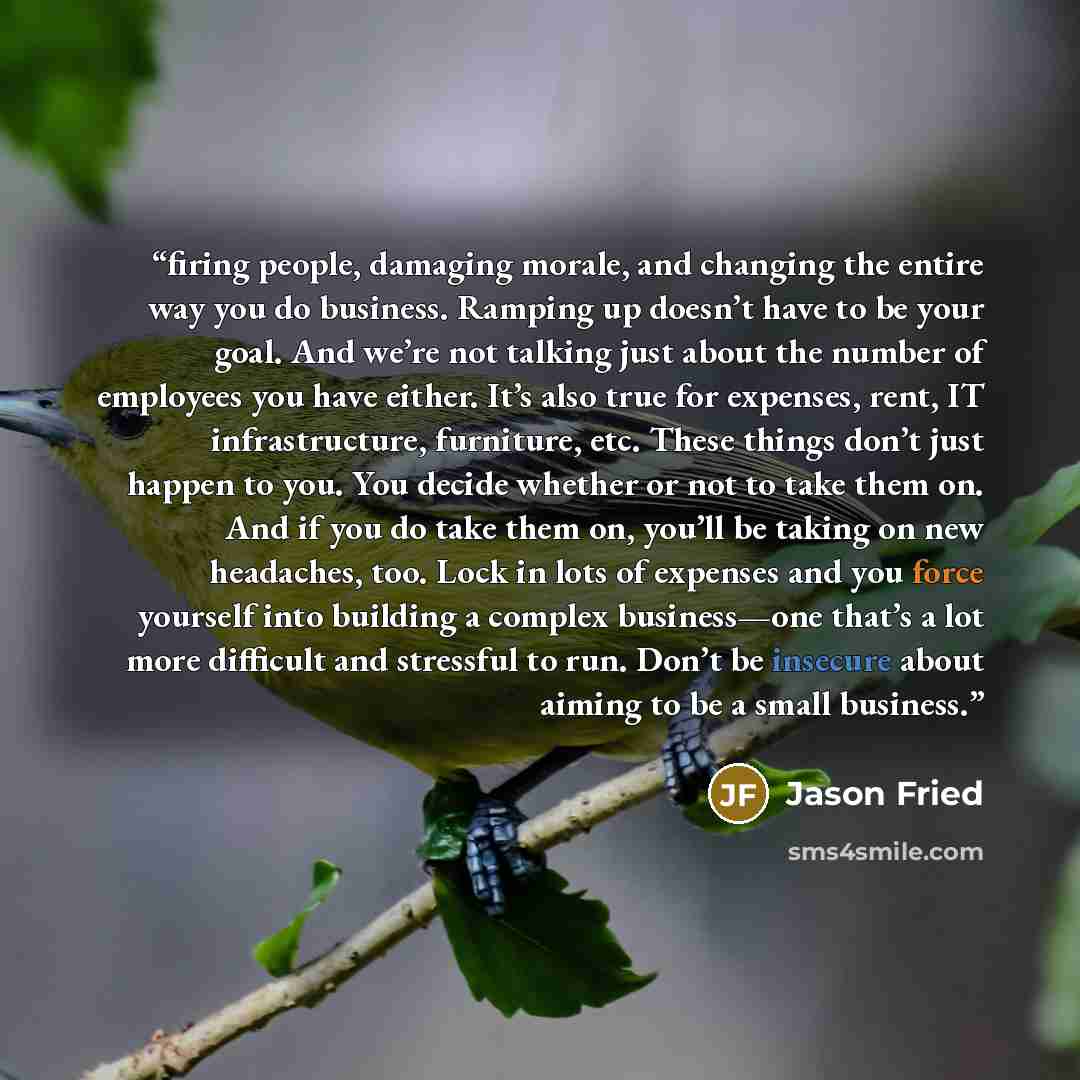 “firing people, damaging morale, and changing the entire way you do business. Ramping up doesn’t have to be your goal. And we’re not talking just about the number of employees you have either. It’s also true for expenses, rent, IT infrastructure, furniture, etc. These things don’t just happen to…” quote by Jason Fried