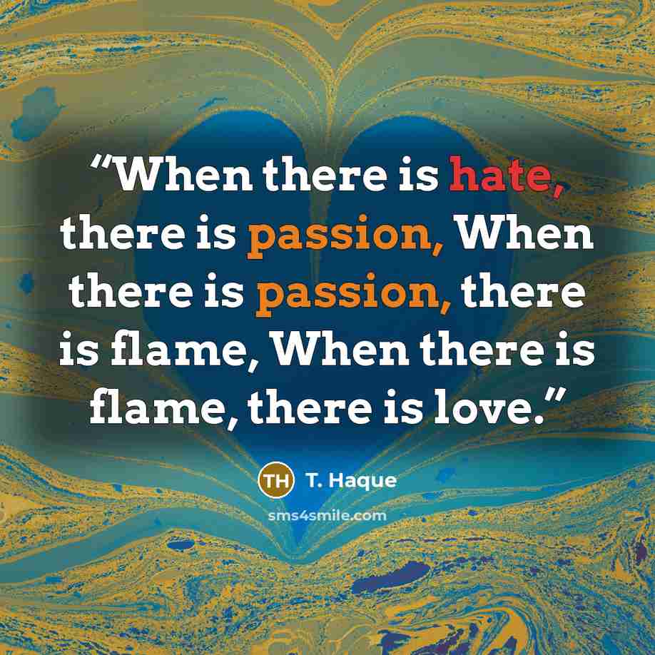 “When there is hate, there is passion, When there is passion, there is flame, When there is flame, there is love.” quote by T. Haque