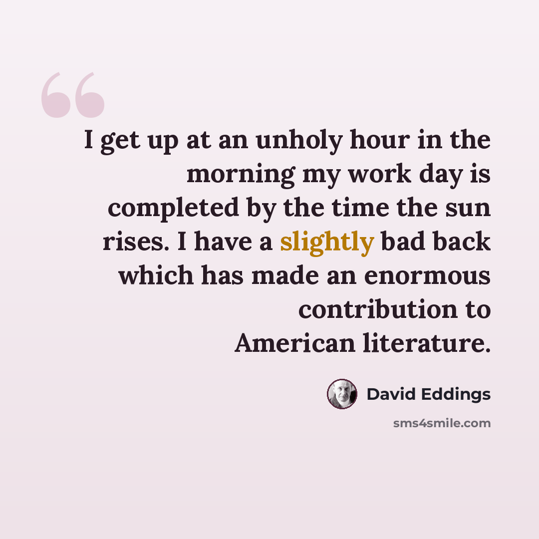 “I get up at an unholy hour in the morning my work day is completed by the time the sun rises. I have a slightly bad back which has made an enormous contribution to American literature.” quote by David Eddings