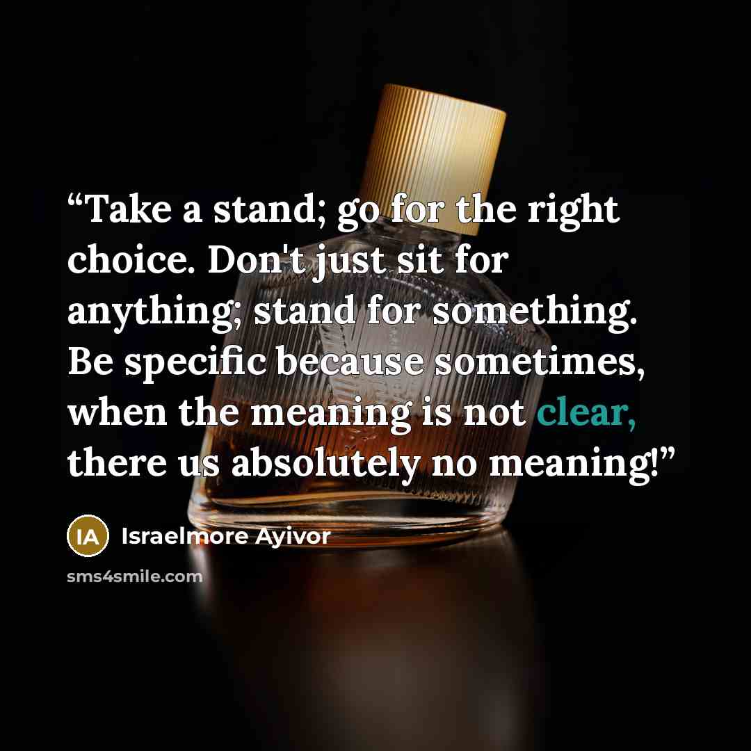 “Take a stand; go for the right choice. Don't just sit for anything; stand for something. Be specific because sometimes, when the meaning is not clear, there us absolutely no meaning!” quote by Israelmore Ayivor
