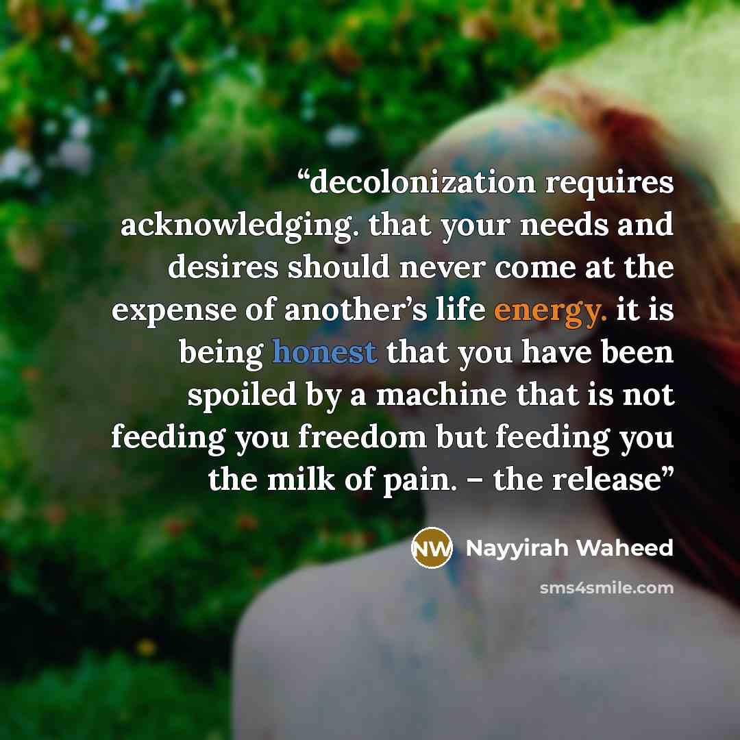 “decolonization requires acknowledging. that your needs and desires should never come at the expense of another’s life energy. it is being honest that you have been spoiled by a machine that is not feeding you freedom but feeding you the milk of pain. – the release” quote by Nayyirah Waheed