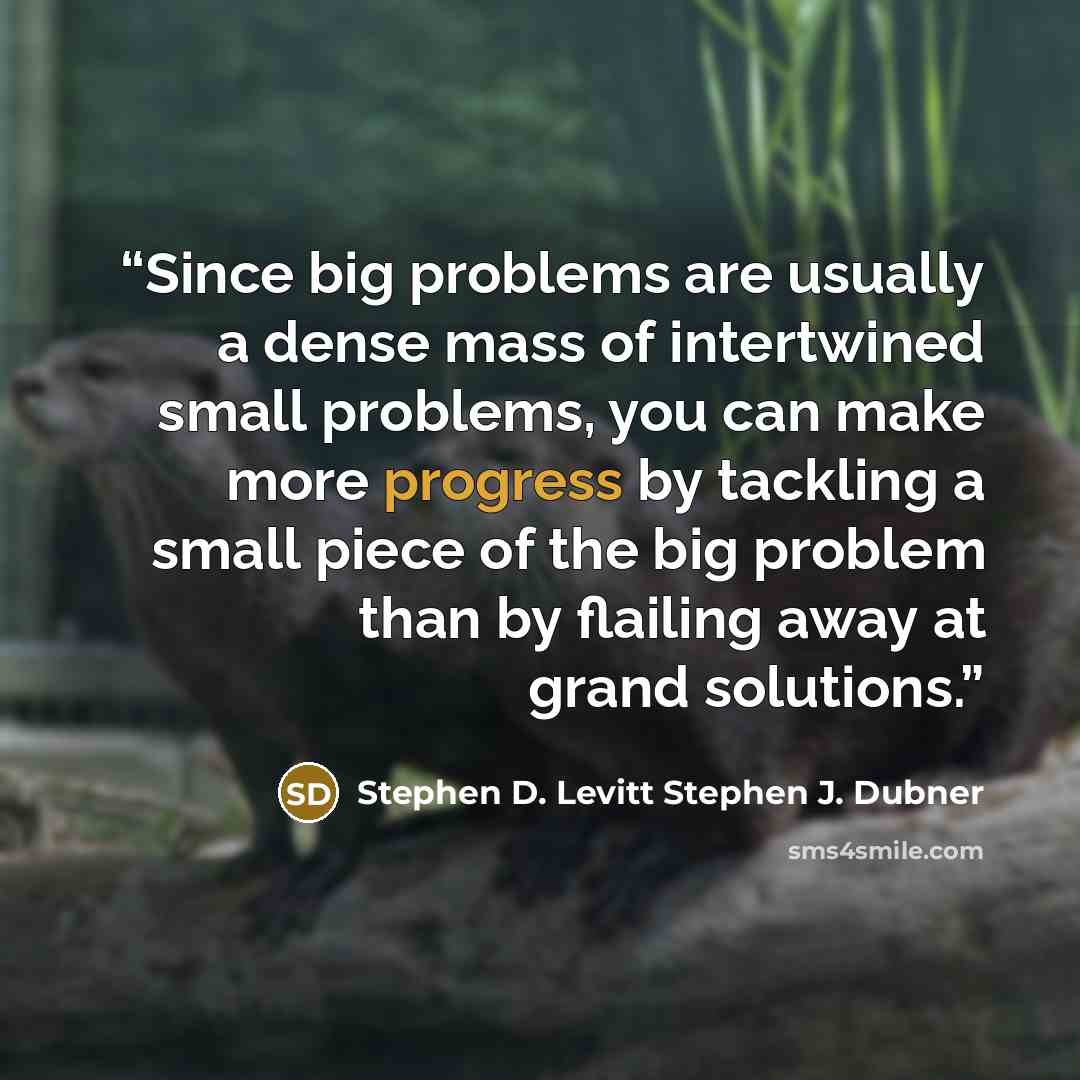 “Since big problems are usually a dense mass of intertwined small problems, you can make more progress by tackling a small piece of the big problem than by flailing away at grand solutions.” quote by Stephen D. Levitt Stephen J. Dubner