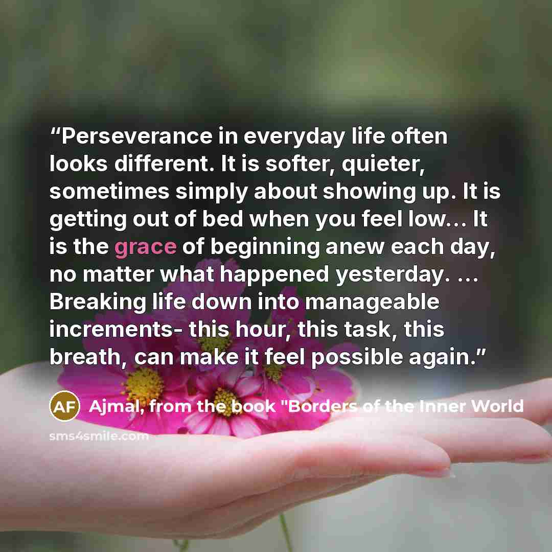 “Perseverance in everyday life often looks different. It is softer, quieter, sometimes simply about showing up. It is getting out of bed when you feel low… It is the grace of beginning anew each day, no matter what happened yesterday. ... Breaking life down into manageable increments- this hour…” quote by Ajmal, from the book "Borders of the Inner World