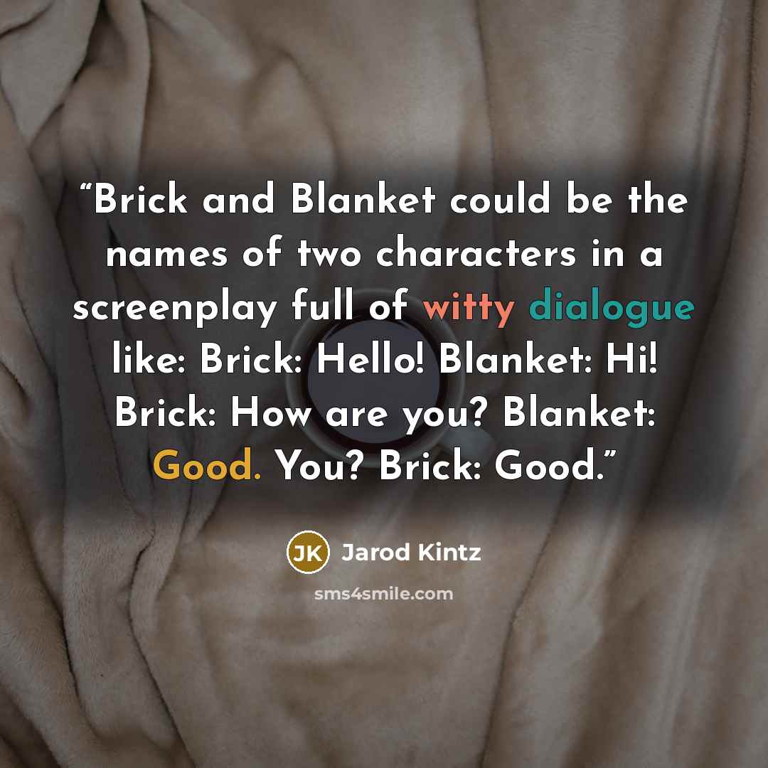 “Brick and Blanket could be the names of two characters in a screenplay full of witty dialogue like: Brick: Hello! Blanket: Hi! Brick: How are you? Blanket: Good. You? Brick: Good.” quote by Jarod Kintz