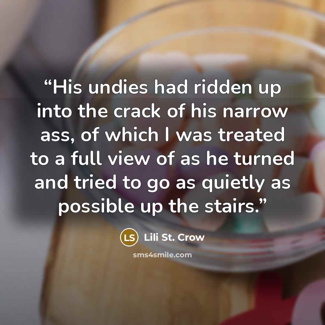 “His undies had ridden up into the crack of his narrow ass, of which I was treated to a full view of as he turned and tried to go as quietly as possible up the stairs.” quote by Lili St. Crow