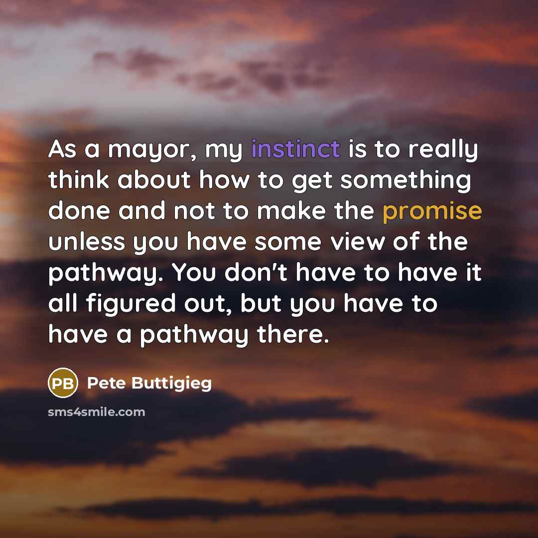 “As a mayor, my instinct is to really think about how to get something done and not to make the promise unless you have some view of the pathway. You don't have to have it all figured out, but you have to have a pathway there.” quote by Pete Buttigieg