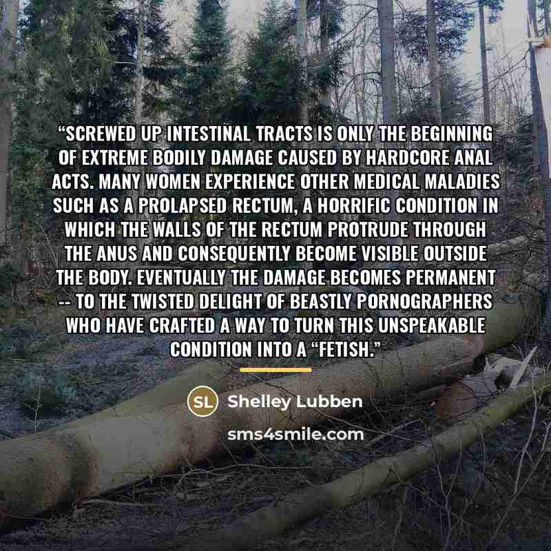 “Screwed up intestinal tracts is only the beginning of extreme bodily damage caused by hardcore anal acts. Many women experience other medical maladies such as a prolapsed rectum, a horrific condition in which the walls of the rectum protrude through the anus and consequently become visible outside…” quote by Shelley Lubben