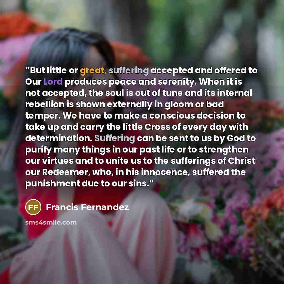 “But little or great, suffering accepted and offered to Our Lord produces peace and serenity. When it is not accepted, the soul is out of tune and its internal rebellion is shown externally in gloom or bad temper. We have to make a conscious decision to take up and carry the little Cross of every…” quote by Francis Fernandez