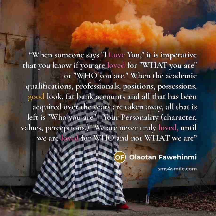“When someone says "I Love You," it is imperative that you know if you are loved for "WHAT you are" or "WHO you are." When the academic qualifications, professionals, positions, possessions, good look, fat bank accounts and all that has been acquired over the years are taken away, all that is left…” quote by Olaotan Fawehinmi