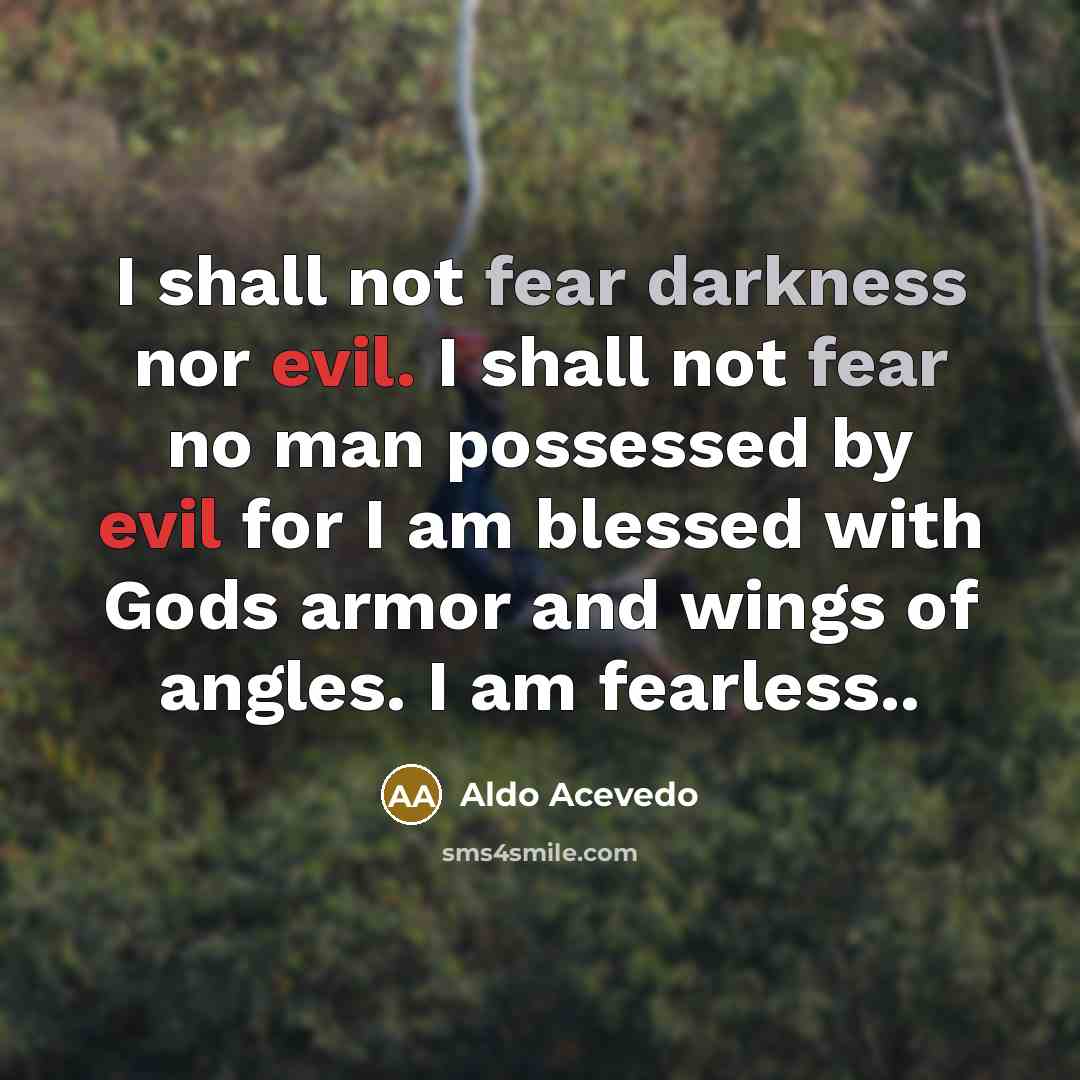 “I shall not fear darkness nor evil. I shall not fear no man possessed by evil for I am blessed with Gods armor and wings of angles. I am fearless..” quote by Aldo Acevedo