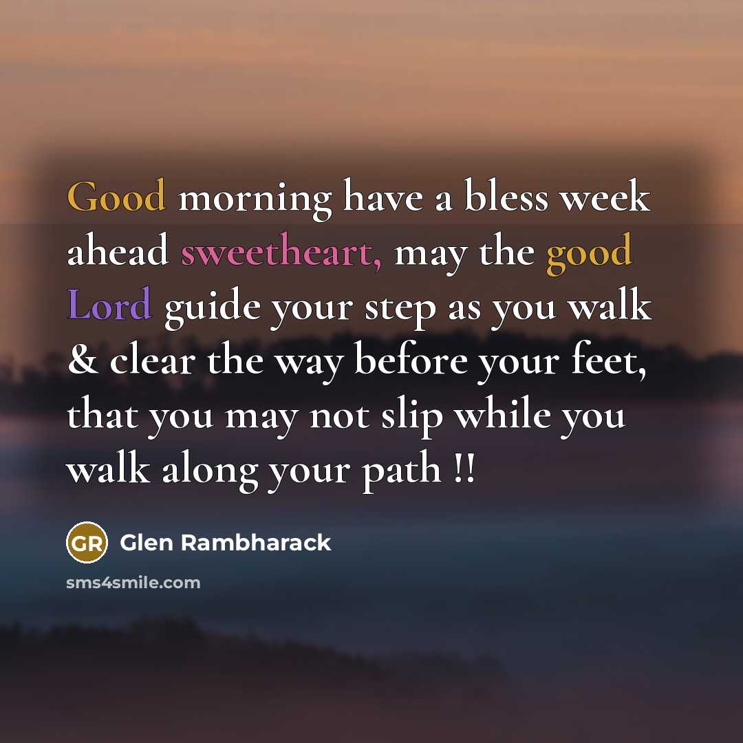 “Good morning have a bless week ahead sweetheart, may the good Lord guide your step as you walk & clear the way before your feet, that you may not slip while you walk along your path !!” quote by Glen Rambharack